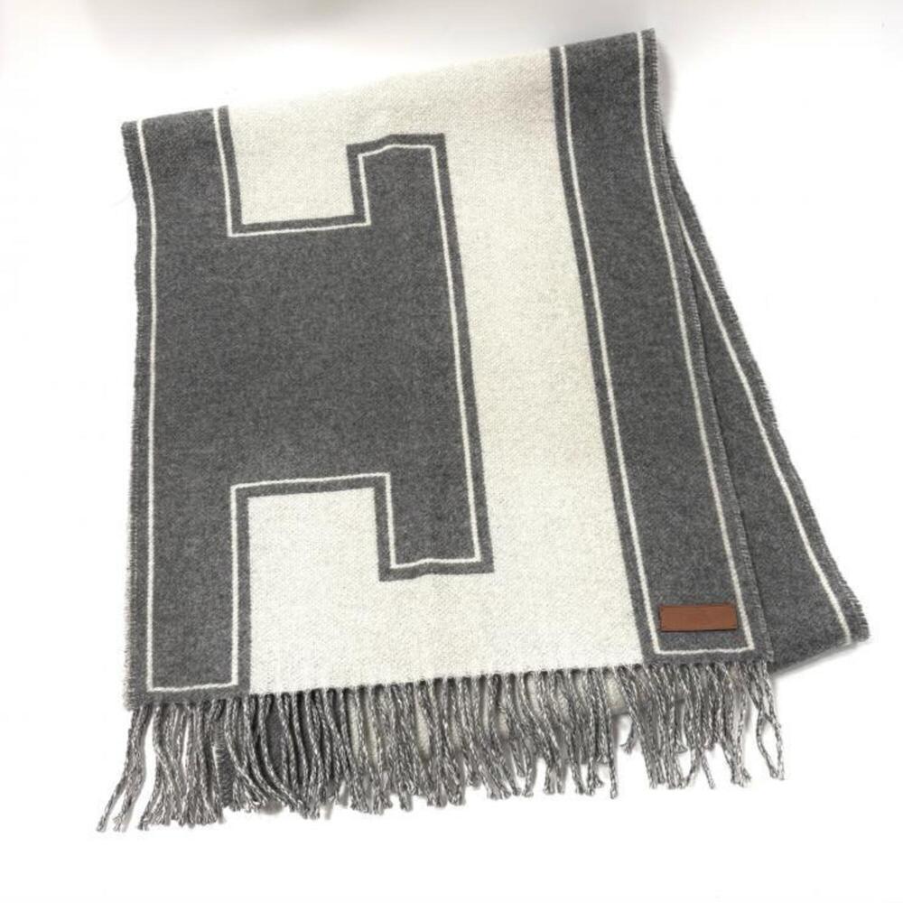 Hermes Hermès Cashmere Clé de H Scarf/Stole, Flannel, Ivoire, Fringe